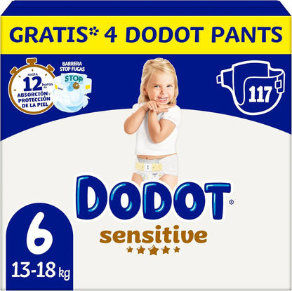Dodot Pañales Bebé Sensitive, Talla 6 (+13 kg), 117 Pañales + 4 Pants de Regalo, Hasta 12 h De Protección Antifugas y Cuidado de la Piel, Pack Mensual