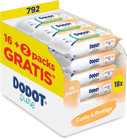 Dodot Toallitas Pure Cuida & Protege Para Bebé, 792 Toallitas (18 Packs De 44 Unidades), Ayuda a restaurar el pH natural de la piel, 99 Agua, Sin plástico