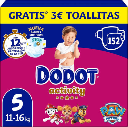 Dodot Pañales Bebé Activity, Talla 5 (11-16 kg), 152 Pañales, Hasta 12h de Protección Antifugas y Ajuste, Pack Mensual