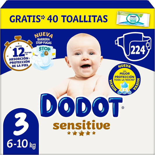 Dodot Pañales Bebé Sensitive, Talla 3 (6-10 kg), 224 Pañales + 1 Pack de 40 Toallitas Regalo de Aqua Plastic Free, Nº1 en Protección de la Piel deDodot, Pack Mensual