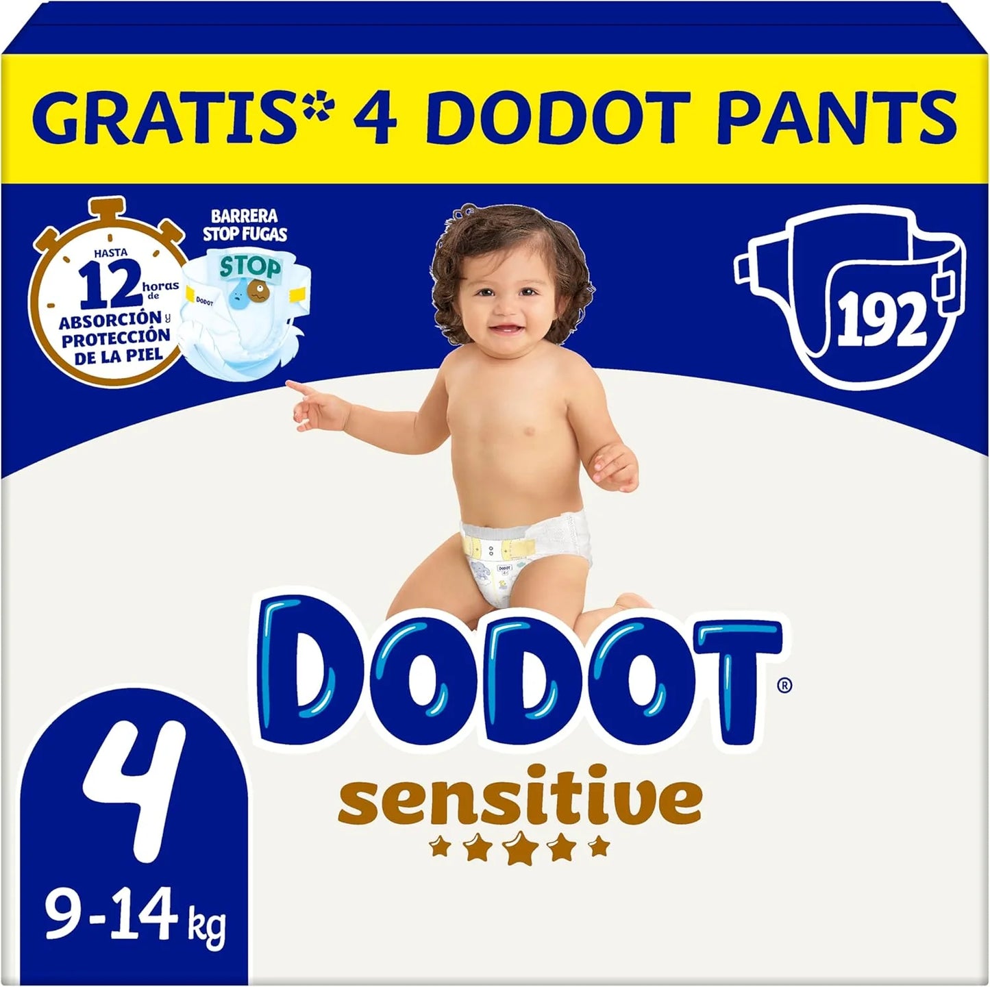 Dodot Pañales Bebé Sensitive, Talla 4 (9-14 kg), 192 Pañales + 4 Pants de Regalo, Hasta 12 h De Protección Antifugas y Cuidado de la Piel, Pack Mensual